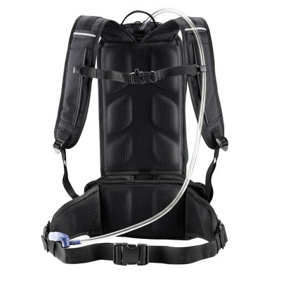 Front view of the Enduro Pack showing the padding that rests against your back, shoulder straps, waist strap, hydration hose and adjustable tip.